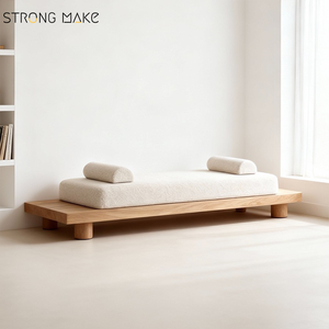 Banco largo <span class=keywords><strong>de</strong></span> <span class=keywords><strong>madera</strong></span> estilo nórdico moderno <span class=keywords><strong>para</strong></span> sala <span class=keywords><strong>de</strong></span> estar, dormitorio, <span class=keywords><strong>para</strong></span> cambiar zapatos, con tapizado boucle, estilo Wabi Sabi - Product Image 2