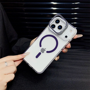 Étui de téléphone magnétique personnalisable avec support d'objectif en métal et logo, pour iPhone 16 15 14 13 12 17 Pro Max 11, coque transparente en PC anti-jaunissement - Product Image 1