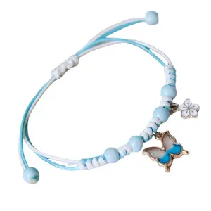 Mode violet papillon fleur à la main tresse bracelet à breloques pour femmes en céramique perle Couple Bracelets cadeau bijoux