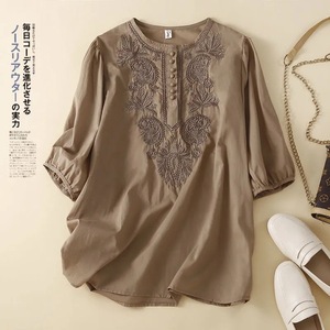 Women's Embroidered Round Neck Blouse Khaki Cotton Linen Loose Fit Vintage Style Everyday Wear - Product Image 1