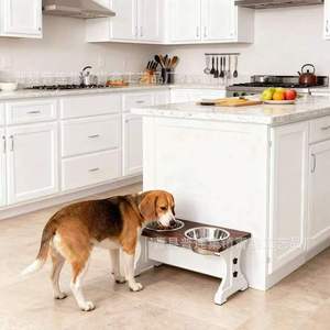Comedero para mascotas de madera blanca estilo francés con soporte elevado de acero inoxidable y doble tazón para gatos y perros - Product Image 1