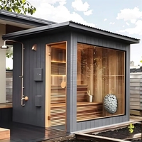 Sauna sec traditionnel extérieur en bois carré moderne pour 4 à 8 personnes avec douche panoramique en verre et chauffage de 12 kW