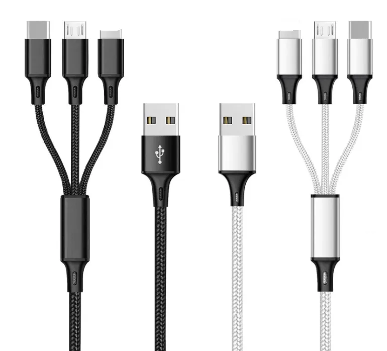 Multi USB Charging Cable 3A 3 in 1 Fast Charger Cord Connector with Dual Phone/Type C/Micro USB Port Adapter