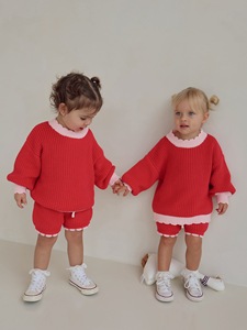 Ensemble personnalisé haut festonné et short en tricot, combinaison-pull en maille pour bébés filles, pantalon en coton rouge, ensemble pull-over - Product Image 2