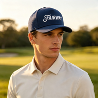 Gorra de golf azul marino vintage con visera plana, perforaciones cortadas a láser, logotipo bordado en 3D, cuerda y 5 paneles, ajustable con cierre a presión, para venta al por mayor