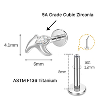 JiaXin ASTM-F136 G23 Titanio Push Pin Sin Rosca para Labret, Medusa, Forward Helix, Lobe, Flor, Circonita Cúbica, Joyería Corporal 16G