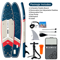 Vente Flash : Planche de SUP gonflable Drop Stitch 11' x 33" avec pompe, motif feuille de palmier bleu marine, pont crème, kit complet polyvalent