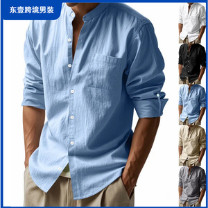Chemise en lin à manches longues pour homme, col montant, couleur unie, style chinois décontracté, nouvelle collection, chemise boutonnée à manches complètes - Product Image 5