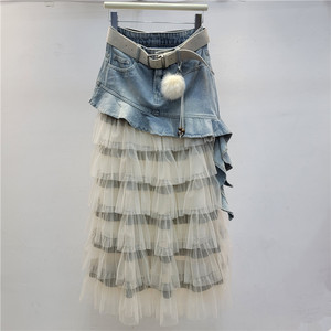 Z8835-Gonna Lunga Vintage in Denim con Volant e Patchwork Irregolare in Rete per Donne, Vita Alta, Linea A, a Strati - Product Image 3