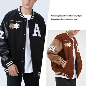 Veste universitaire pour homme, manches en cuir noir, broderie lettre A, unisexe, streetwear, manteau d'automne - Product Image 5