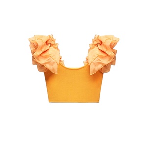 <span class=keywords><strong>Top</strong></span> court avec encolure carrée et manches courtes <span class=keywords><strong>Top</strong></span> décontracté en tricot organza avec volants et tissu assorti - Product Image 2
