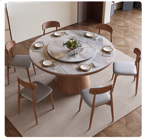 Mesa de comedor redonda perezosa <span class=keywords><strong>Susan</strong></span> de piedra sinterizada de fácil montaje con patas de madera maciza para 4-8 personas - Product Image 1