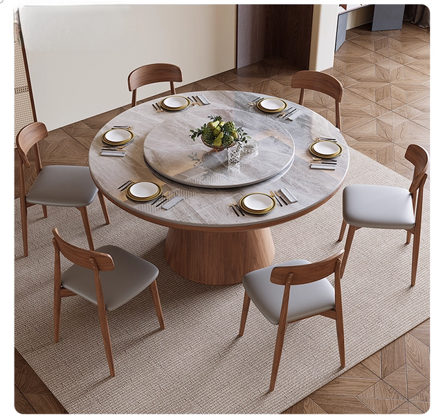Easy Assembly Sintered Stone Kichen Turenable Round Lazy Susan Dining Table with Solid Wood Legs for 4-8 People