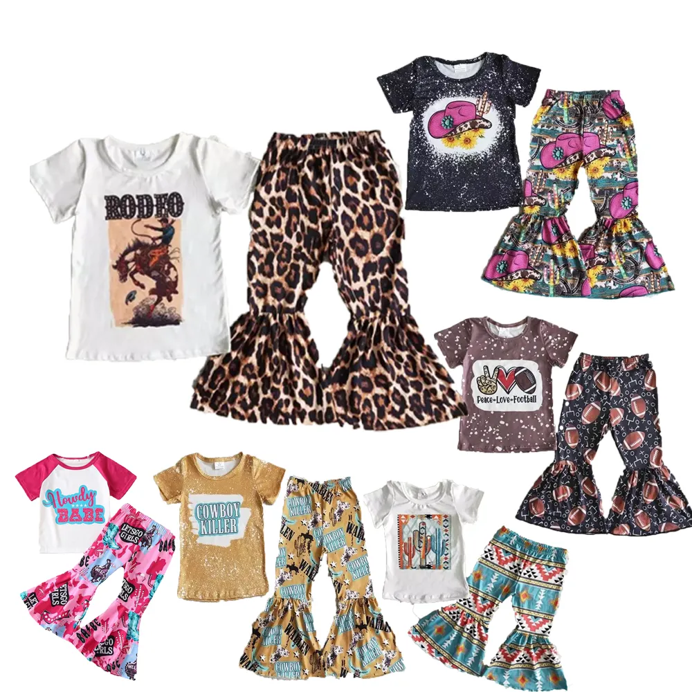 Summer Baby Outfits 2022 Custom Kids Toddler Girls Boutique Clothing Sets Rodeo Leopard Bell Bottom Pants set