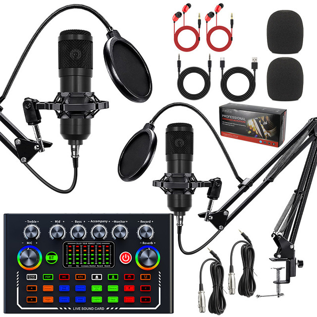 Bm800 Livestream Studio Dual Microphone Kit F009 Sound Card Voice Recorder Podcast Equipment Kit Noise Ancelling Microfone