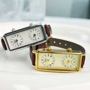 Reloj de Pulsera Creativo de Doble Hora, Estilo Vintage Rectangular de Alta Gama, Reloj de Cuarzo para Mujer con Doble Movimiento - Product Image 1
