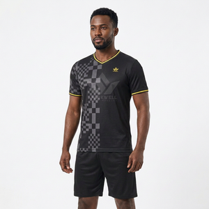 Ensemble de maillot de football pour homme CROK WELL, noir, col en V, manches courtes, respirant, anti-transpiration, 100% polyester, coupe athlétique, toutes tailles - Product Image 1