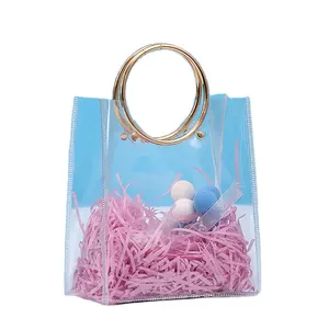 Fashion Transparent Lady Cosmetic PVC Bag Tote Clear Vinyl Purse And Handbag With Metal Ring Handle