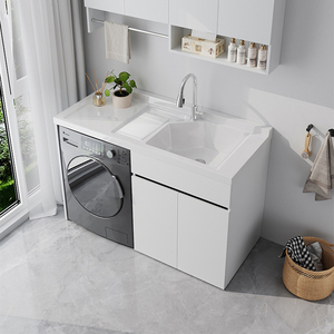 Mobile Lavanderia da Balcone con Lavabo Integrato, <span class=keywords><strong>Set</strong></span> Mobiletto <span class=keywords><strong>Bagno</strong></span> Impermeabile e Antiruggine per Lavatrice - Product Image 5