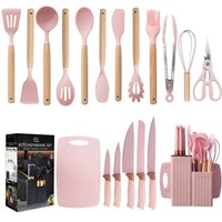 Nouvel Ensemble Manjia Économique de 19 Ustensiles de Cuisine en Silicone avec Manche en Bois, Planche à Découper et Seau de Rangement