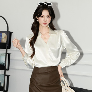 Women's V-neck Satin Shirt Long Sleeve Blue Office Wear Elegant Top Solid Color Polyester Fiber - Product Image 2