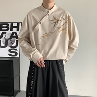 Chemise décontractée à manches longues pour homme, col montant, boutons diagonaux, imprimé bambou, coupe ample, idéale pour le quotidien