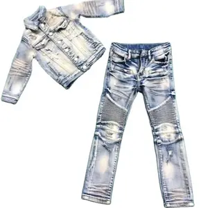 Butik Anak Pakaian Anak Laki-laki Biru Denim Jaket Jeans Ditetapkan untuk Anak Laki-laki Ukuran Sebenarnya Anak Balita Distressed Jeans