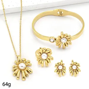 Zwart Wit Parel Shell Ketting Oorbel Set Groothandel Sieraden Nieuwe Vrouwen Mode 18K Goud Kleur Luxe 4 Stuks Sieraden Set