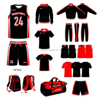 Ensemble d'uniformes de basketball personnalisés à impression numérique, respirants et à séchage rapide, noir et rouge, comprenant maillot, short, sweat à capuche, polo, veste de survêtement, pantalon et sac à dos