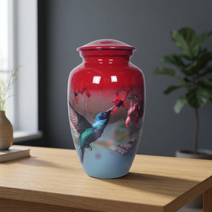 Hummingbird Urn Red Digital Print Round <b>Art</b> <b>Deco</b> Design Sympathy Decorative Aluminium Eco-Friendly <b>Vase</b> - Product Image 3