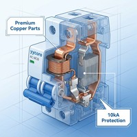 Disjoncteur miniature AC Yycore 1P-4P 1A-63A 10kA 240V Courbe C Certifié CE IEC 60898-1 Plastique ignifuge PA66