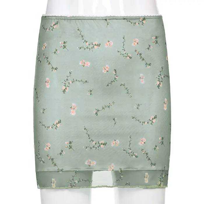 2021 European American Spring Fashion Ladies Skirt Floral Print Lace Mesh Slim Short Women's Skirts