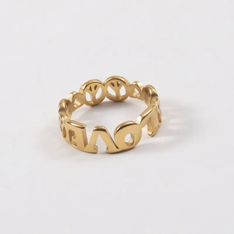 Trendy Tarnish Free High End 18K Gold Plated Love Peace Hollow Rings for Women Stainless Steel Jewelry