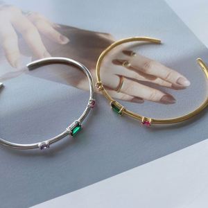 Dylam Trendy Minimalist Thin 925 Sterling <b>Silver</b> 18K Gold Plated 3 Stone 5A CZ Cubic Zirconia Women <b>Adjustable</b> Bangle - Product Image 2