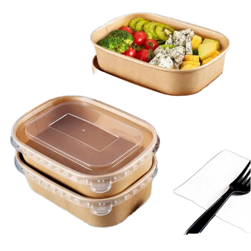 Food Craft Paper Salad Smooth Coated Disposable Paper Plate Bowl with Lid for Fast Lunch Food