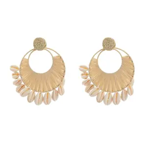 Tissé à la main concepteur cerceau coquille raphia macramé boucles d'oreilles pour femmes bohême coquille ronde grandes boucles d'oreilles géométrique exagéré bijoux