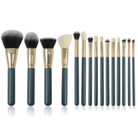 Ensemble de pinceaux de maquillage EMF Professional vert foncé 15 pièces Or Vegan Cruelty Free Cheveux doux Fond de teint Marque privée Pinceaux de maquillage