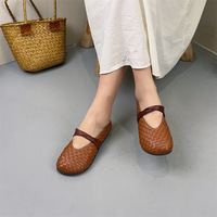 Nouvelles chaussures Mary Jane en cuir véritable tressé respirant, style rétro, faites à la main, pour femmes, à bout rond, à semelle souple, plates