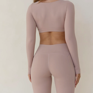 Combinaisons de yoga solides personnalisées, taille haute, taille élastique, séchage rapide, respirantes, leggings à pattes d'éléphant, ensemble lavé, quatre directions - Product Image 3