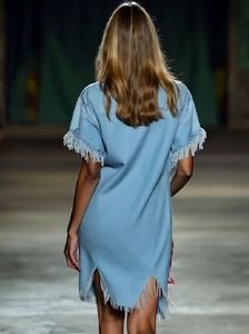 <span class=keywords><strong>Vestido</strong></span> <span class=keywords><strong>camisero</strong></span> <span class=keywords><strong>vaquero</strong></span> para <span class=keywords><strong>mujer</strong></span> con solapa y medio botón, manga corta con flecos, bajo deshilachado, estilo casual holgado con borlas, para ropa de calle y vacaciones - Product Image 5