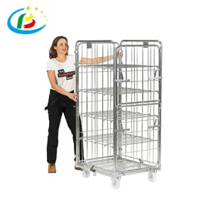 Medium Duty Scale Customized Warehouse 3 Side Storage Galvanized Collapsible Roll Container Structure Four Wheels Folding Cart