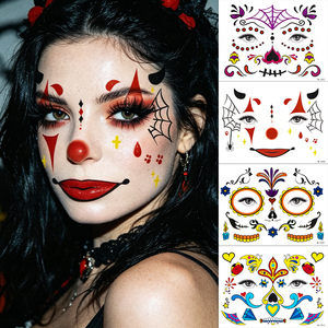 Autocollants de tatouage temporaire pour le visage, effet réaliste, pour Halloween : Clown, Bouffon, Toile d'araignée, Zombie, Fantôme – Maquillage imperméable - Product Image 3