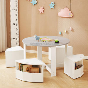 Table d'activités ronde multifonctionnelle pour enfants de couleur blanche avec 4 tabourets de rangement, ensemble table et chaises pour chambre d'enfant - Product Image 3