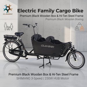 Vélo cargo électrique à trois roues de type Bakfiets néerlandais |   Vélo cargo familial <span class=keywords><strong>SHIMANO</strong></span> <span class=keywords><strong>Nexus</strong></span> <span class=keywords><strong>3</strong></span> <span class=keywords><strong>vitesses</strong></span> avec boîte en bois noire - Product Image 1