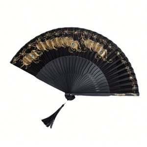 Abanico Plegable de Bambú Hecho a Mano, Estilo Antiguo, Pintado con Arte Folclórico de Pavo Real Dorado, Verde, Azul y Negro, Regalo Tradicional Hanfu para Negocios - Product Image 1