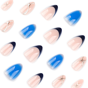 Faux ongles à presser courts en amande, bleu ombré, style French simple, finition minimaliste, vente en gros - Product Image 3