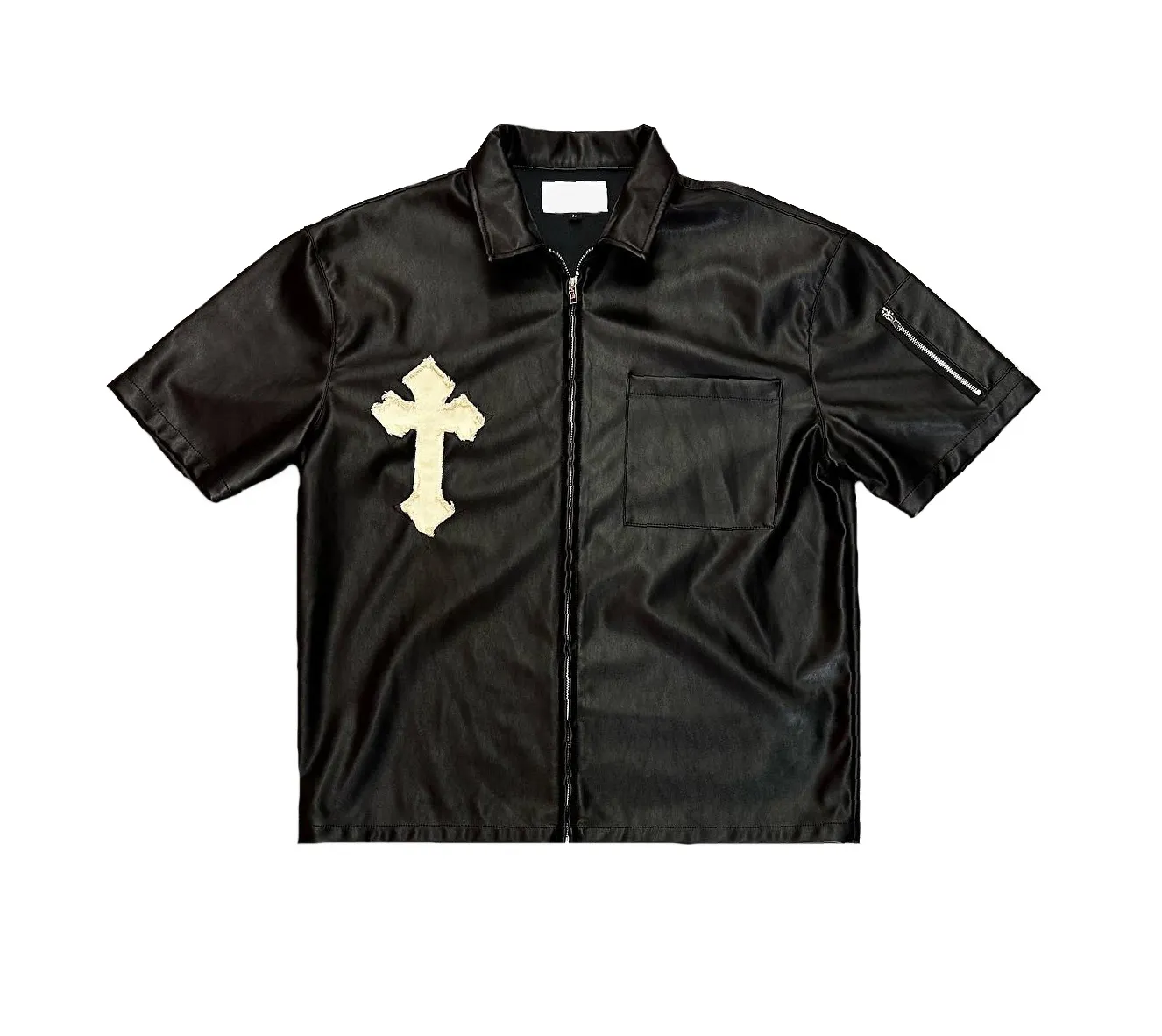 Custom Patch Oversized Short Sleeve Collar Zip Up Applique Embroidery With Logo Vintage Boxy Leather T Shirt
