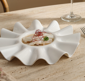 Wave Edge White Porcelain Plate, Unique Flower Shaped Ceramic Serving Plate for Appetizers, <b>Desserts</b> Artistic Food Presentation - Product Image 4
