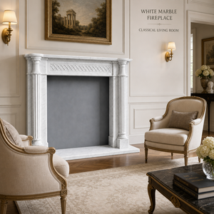 Mantel <span class=keywords><strong>de</strong></span> <span class=keywords><strong>Chimenea</strong></span> <span class=keywords><strong>de</strong></span> Mármol <span class=keywords><strong>Blanco</strong></span> con Columnas Acanaladas y Relieve <span class=keywords><strong>de</strong></span> Diamantes para Decoración Interior <span class=keywords><strong>de</strong></span> Hoteles y Villas Clásicas - Product Image 4