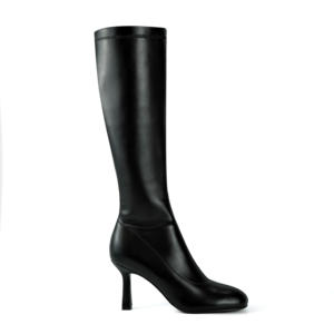 أحذية نسائية سوداء طويلة حتى الركبة من الجلد الصناعي بكعب عالٍ ومقدمة مستديرة وسحاب وتصميم ضيق - Product Image 6